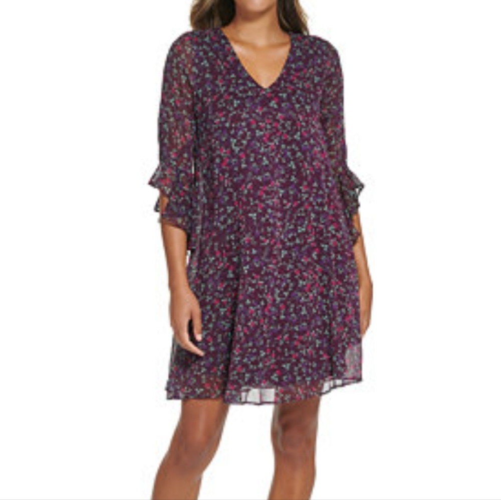 NWOT Calvin Klein Purple Floral Print Ruffle Sleeve Trapeze Dress